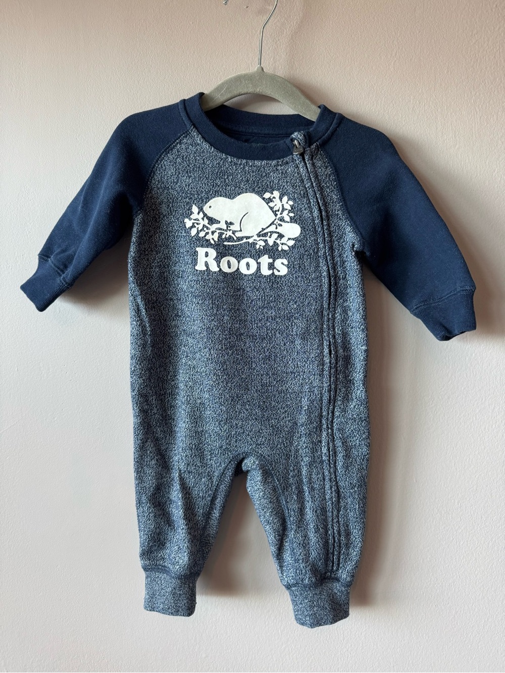 Roots Baby Heathered Blue Logo Diagonal Zipper Playsuit Jumpsuit Size 3-6 Months
